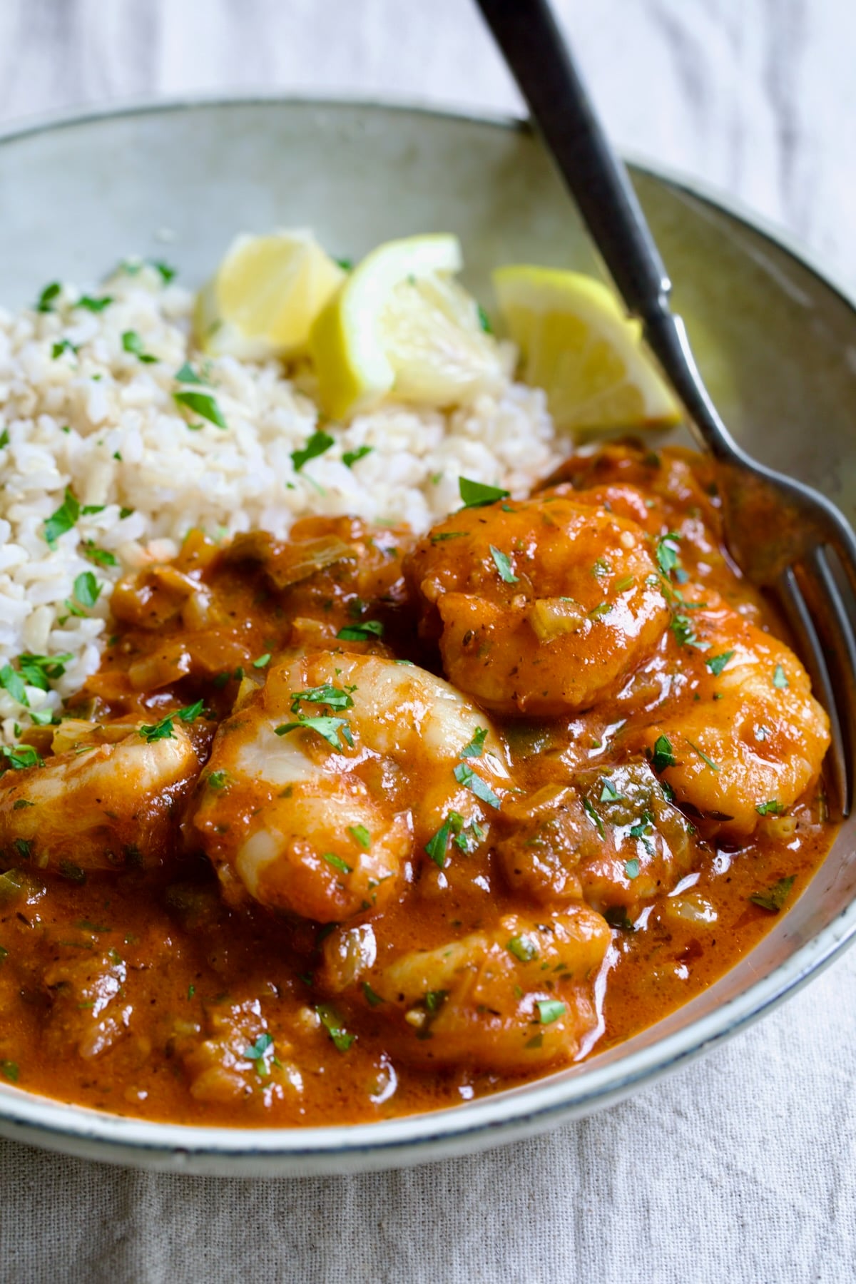 Best Shrimp Creole in beige serving bowl with brown rice and lemon wedges with fork.