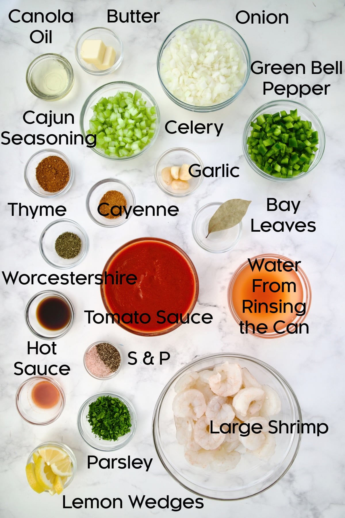 Ingredients for Best Shrimp Creole in glass bowls.