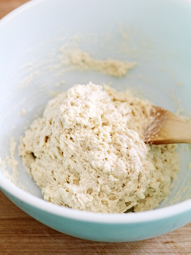 mixing dough in bowl.