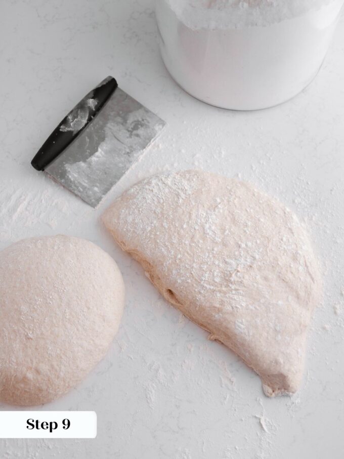 dividing sourdough with bench scraper.