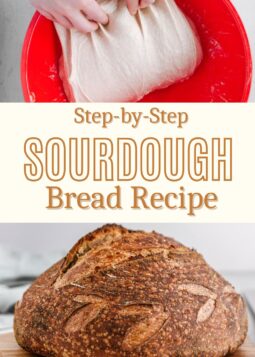 baked sourdough bread loaf on wooden board and bread dough in red bowl and text overlay.