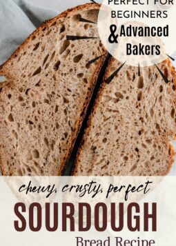 baked sourdough bread loaf cut in half to see interior texture and text overlay.