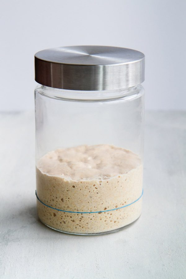 sourdough starter in glass jar.