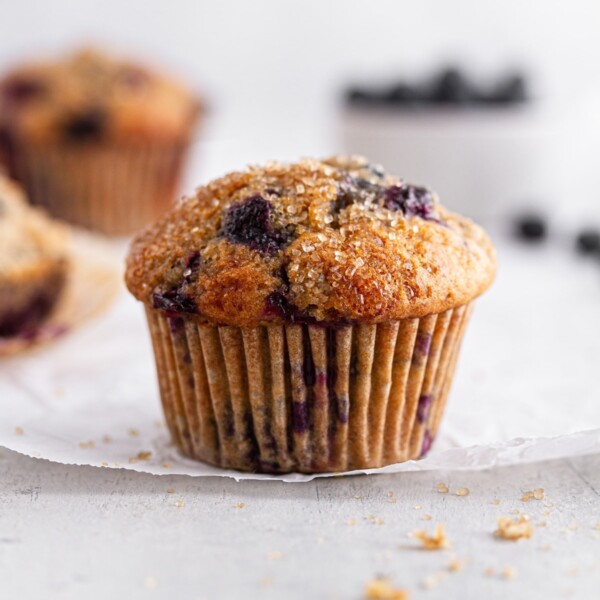 sourdough blueberry muffin baked with crunchy sugary topping.