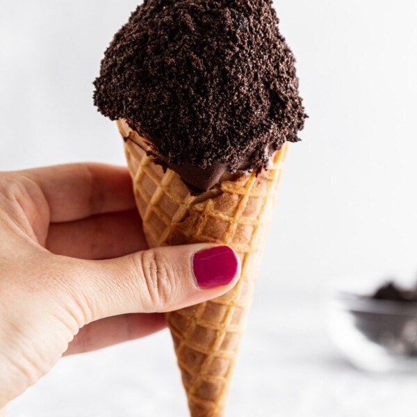 hand holding one cookies and cream ice cream drumstick.