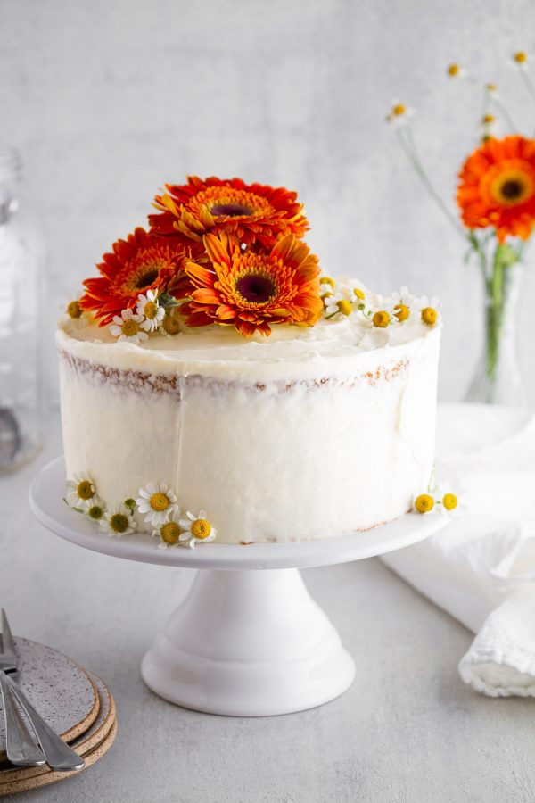 carrot cake on a cake stand