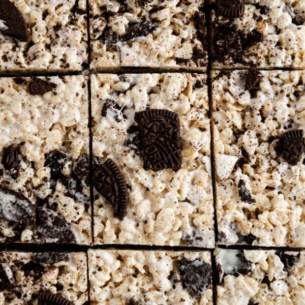 close-up of brown butter oreo rice krispie treats.