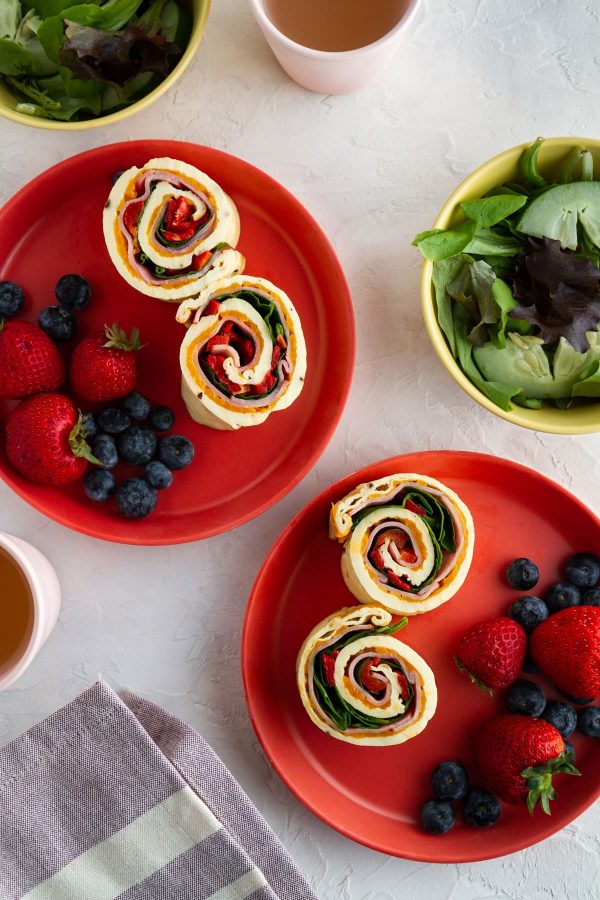 overhead shot of omelet roll-ups on plates