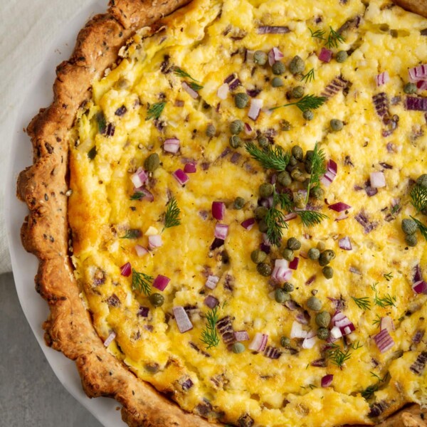 everything bagel quiche in a pie plate.