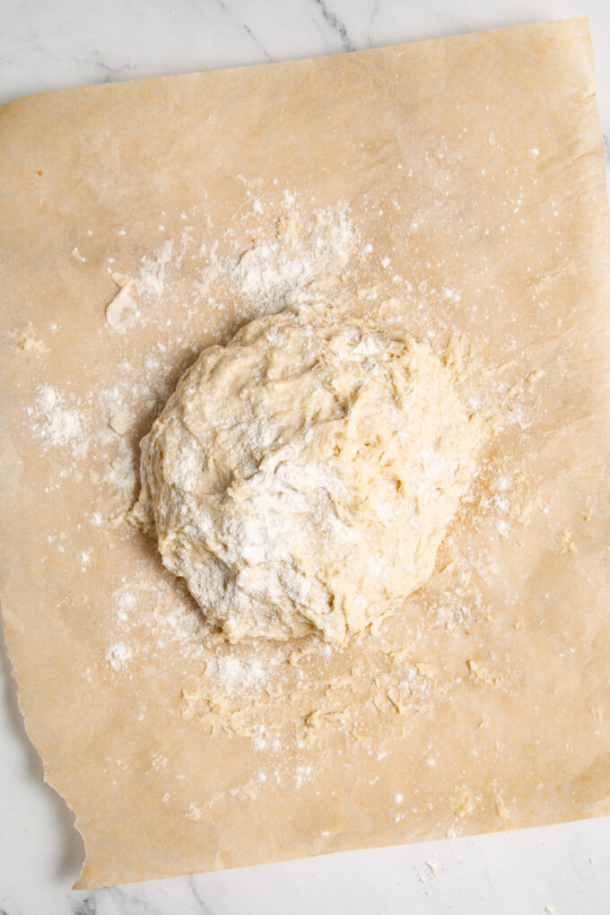 Flour dough on parchment paper.