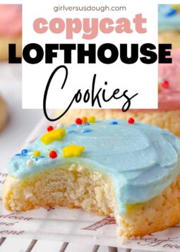lofthouse copycat cookie with blue frosting bitten and writing.