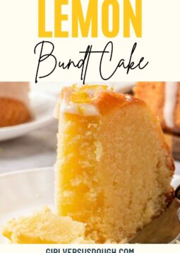 lemon bundt cake slice close up with text overlay.