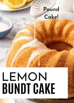 lemon bundt cake with glaze pouring text overlay.