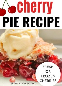 cherry pie with golden brown crust top with vanilla ice cream with text overlay.