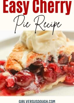 cherry pie with golden brown crust top with vanilla ice cream with text overlay.