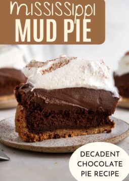 slice of mississippi mud pie with whipped cream topping and text overlay.