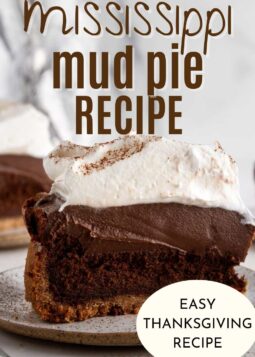 slice of mississippi mud pie with whipped cream topping and text overlay.