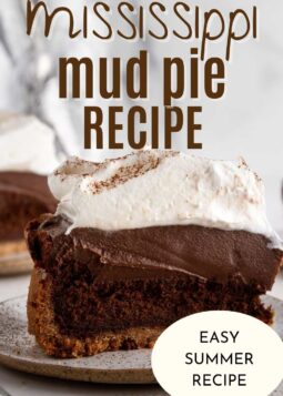 slice of mississippi mud pie with whipped cream topping and text overlay.