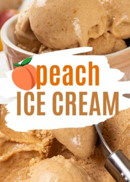 two photos of peach ice cream scooped and starting to melt with text overlay.