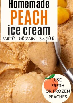 peach ice cream scooped and starting to melt with text overlay.