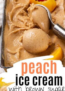 peach ice cream scooped and starting to melt with text overlay.