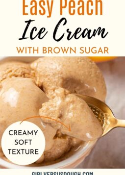 peach ice cream in a bowl on a gold spoon and starting to melt with text overlay.