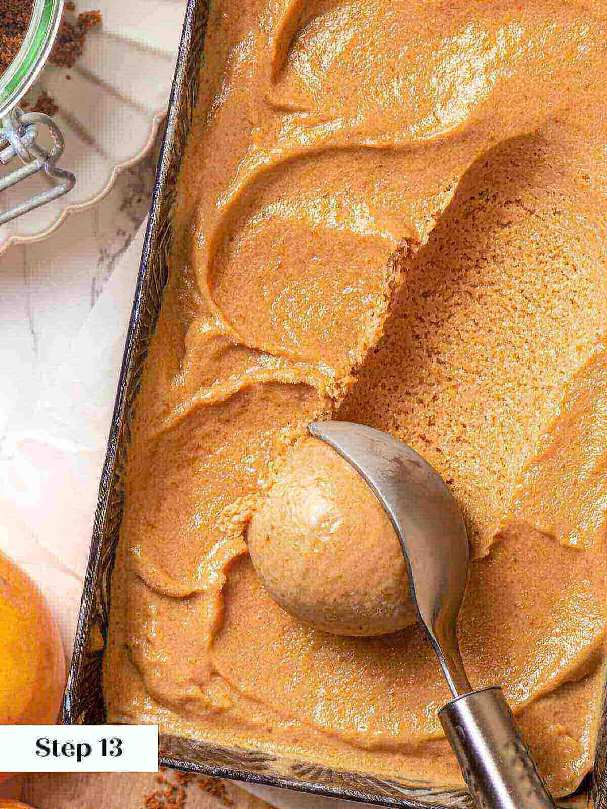 Peach ice cream process showing freezing complete.