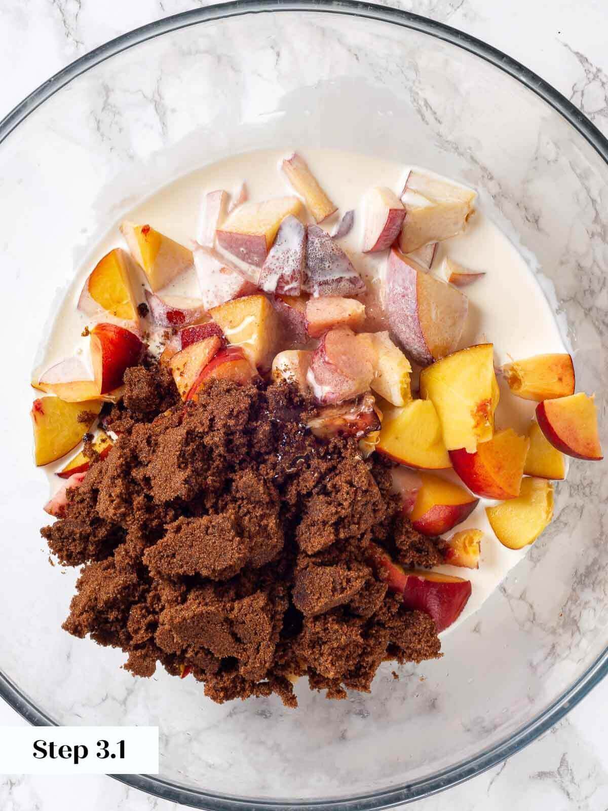 Peach ice cream process with ingredients in a clear bowl.