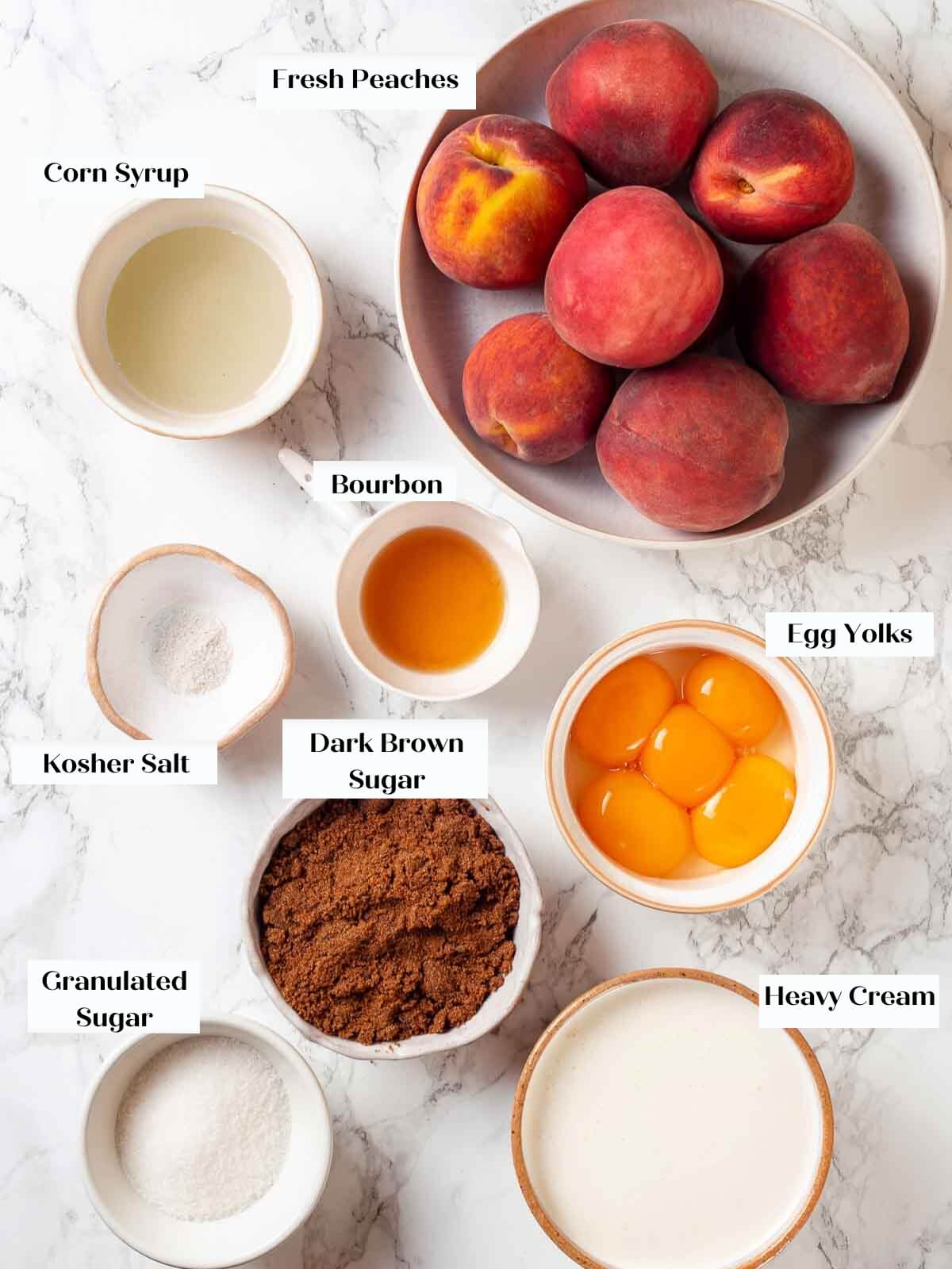 Peach ice cream process with ingredients.