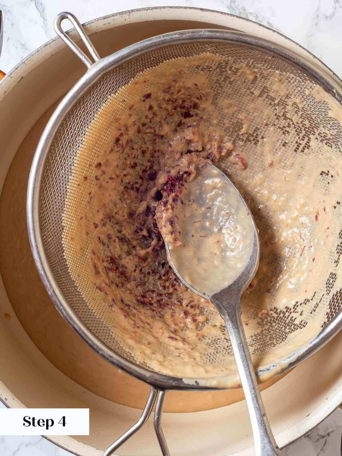 Peach ice cream process using a sieve.