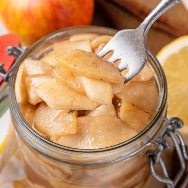 Silver fork with apple pie filling.