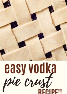 close up of unbaked lattice pie crust with text overlay.