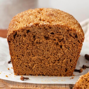 a cut gingerbread loaf.