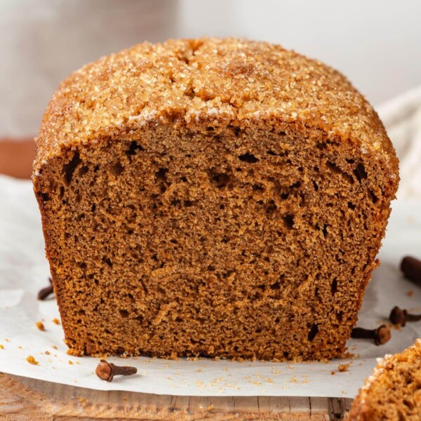 a cut gingerbread loaf.