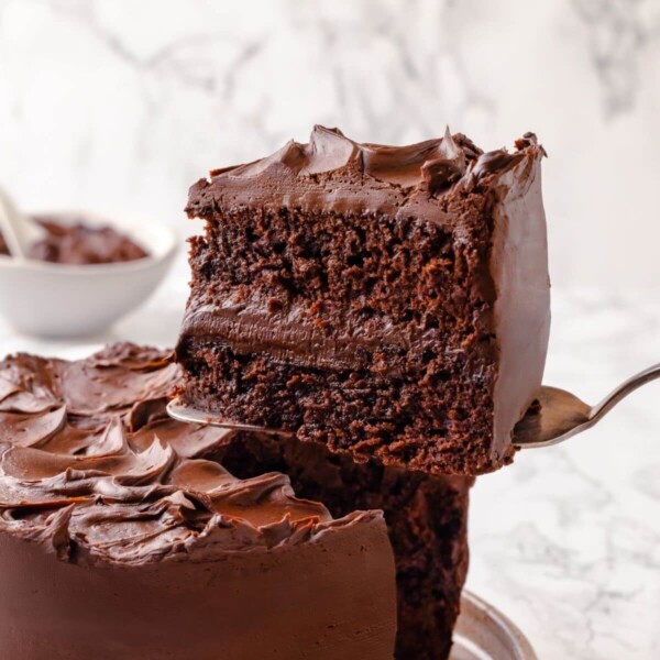 A slice of moist chocolate cake being served with a cake server.