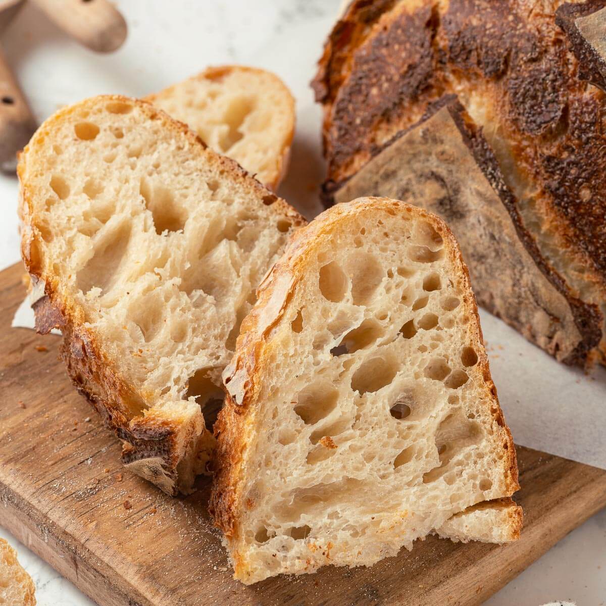 pieces of no knead sourdough bread.