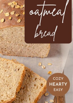 Sandwich-ready oatmeal bread loaf sliced in half.