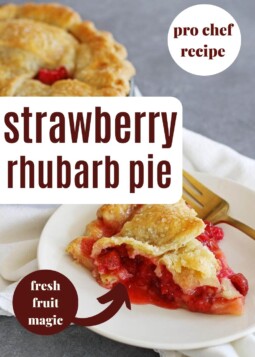 Strawberry rhubarb pie on a dish on a white napkin.