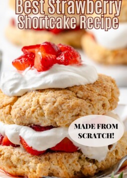 assembled shortcake on a white plate.