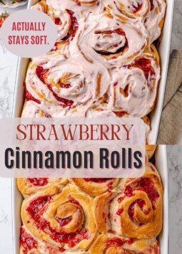 Close-up of strawberry cinnamon rolls with creamy icing.