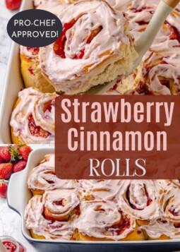 Frosted rolls with visible pieces of fresh strawberry.