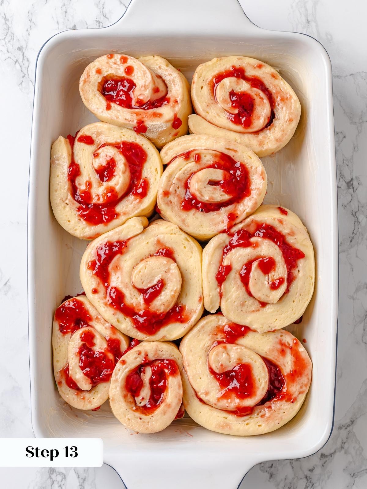 Strawberry cinnamon rolls puffed and ready to bake.