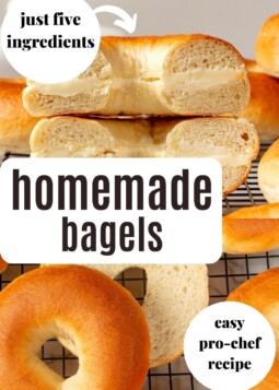 Several freshly baked bagels on a tray, ready for topping with cream cheese or spreads.