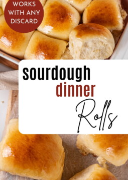 Golden sourdough discard rolls resting together in a pan ready for butter and serving.