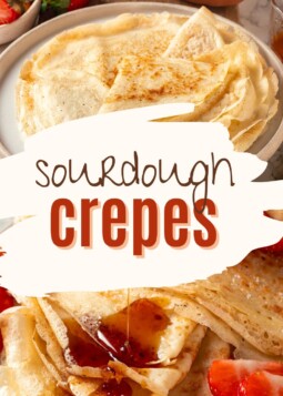 Finished sourdough crêpes stacked neatly and ready for sweet or savory fillings on a plate.