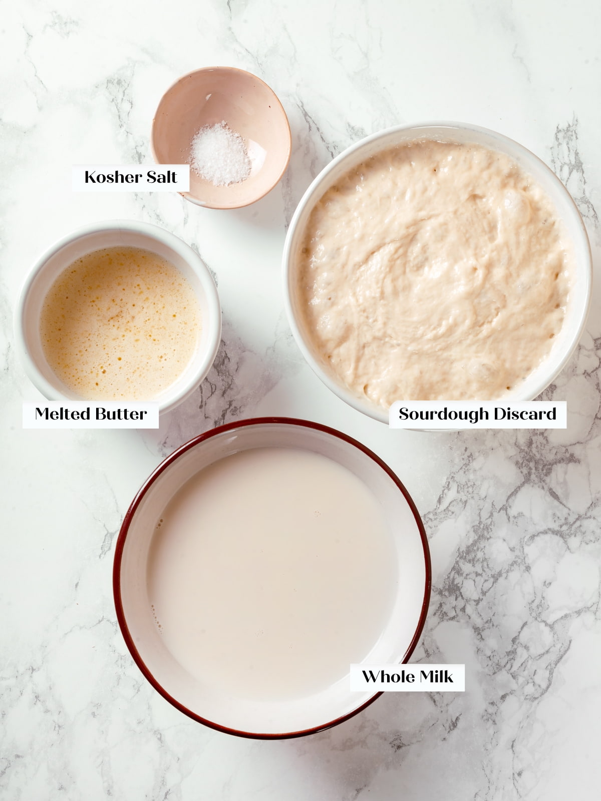 Sourdough starter, milk, butter, and salt arranged on a kitchen counter.