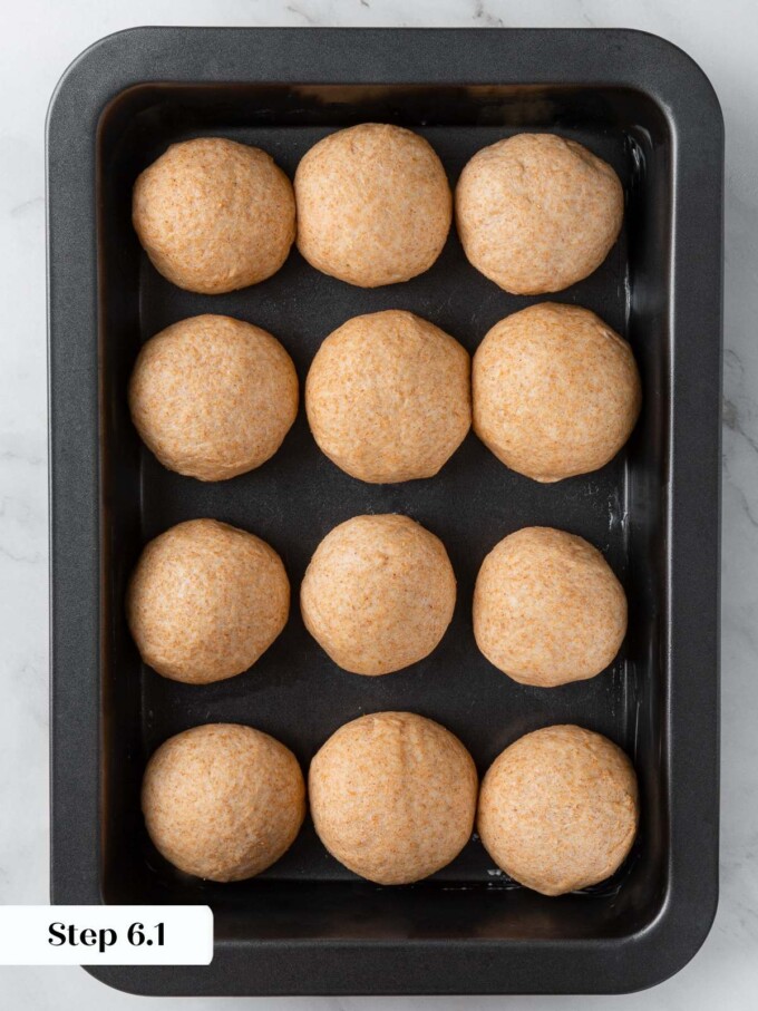Shaped rolls placed in baking dish before second proof, evenly spaced and smooth.