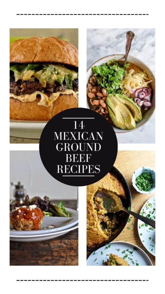 Four images of ground beef recipes including a burger, chili, mini meatloaf, and tamales casserole.