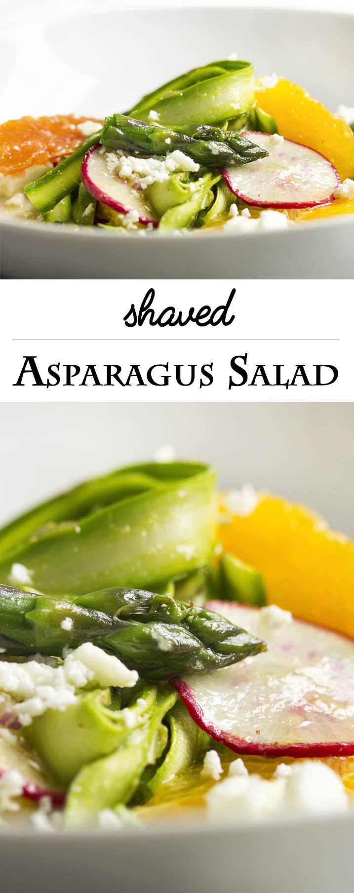 Shaved Asparagus and Orange Salad - Looking for something a little different to do with asparagus? Bored with your usual salad routine? Shaved asparagus salad is great and fun way to use asparagus with sweet oranges and spicy radishes all tossed with an orange vinaigrette. | justalittlebitofbacon.com