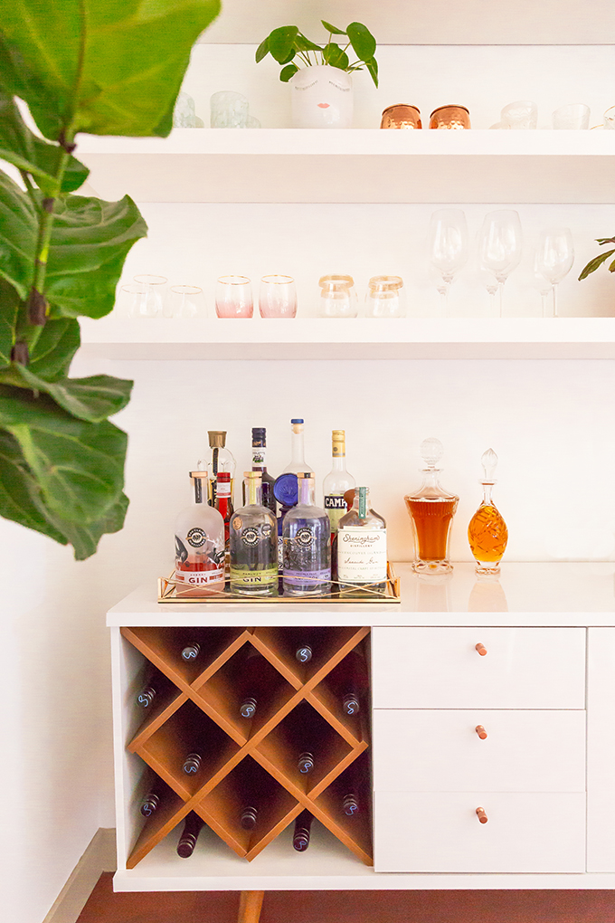 Our Dining Room Bar | A Built-In Look on a Budget | How I created our home bar for less than $1000 | Wayfair All Modern Lemington Wine Rack Sideboard Buffet Table Review | IKEA Lack Shelves to Create a Built in Bar | How to Create a Mockup in Your Design Planning Process | Final Bar Mockup // JustineCelina.com